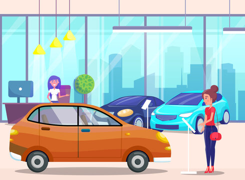 Car center, woman customer buyer choosing automobile in store. Female character examines transport
