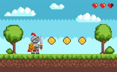 Obraz premium Pixel-game knight brave character in armor. Natural landscape with warrior holding shield and sword