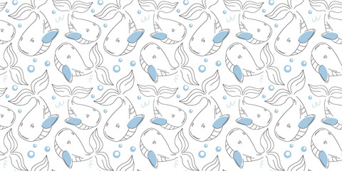 Cartoon seamless pattern for little boy's bedroom with blue whales. Design for wallpaper, bedding, baby clothes, book covers, coloring books, encyclopedias about the sea world. Big cute blue whale.
