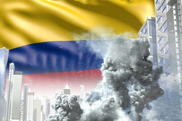 huge smoke column in the modern city - concept of industrial blast or act of terror on Colombia flag background, industrial 3D illustration