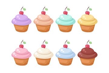 Cute Cupcakes with cherry of various flavours and colors isolated on white background. Adorable vector illustration in light colors. Easy to edit food set for cafe menu, fabric print, stickers, card.