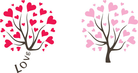 Love tree with red hearts. Two samples