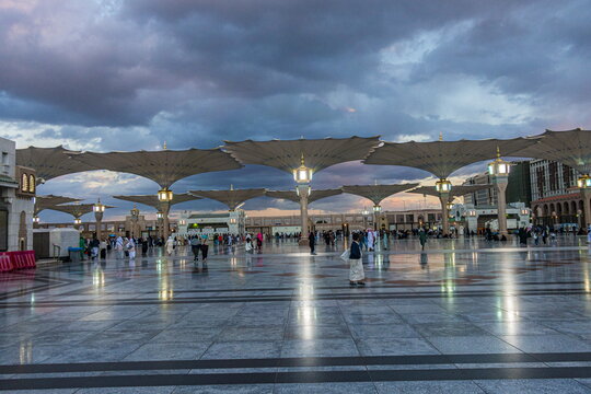 Awesome evening shots of Madinah Mosque with blue and White cloudy sky background 