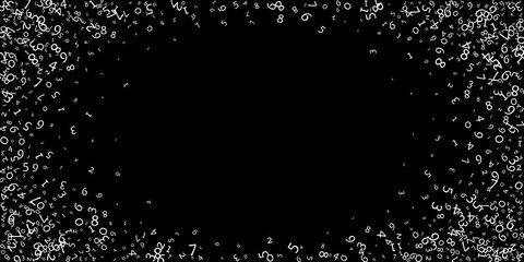 Falling numbers, big data concept. Binary white messy flying digits. Bizarre futuristic banner on black background. Digital vector illustration with falling numbers.