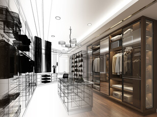 sketch design of interiorwalk-in closet,3d rendering © Suwatchai