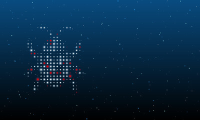 On the left is the bug symbol filled with white dots. Background pattern from dots and circles of different shades. Vector illustration on blue background with stars