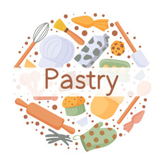 Round wreath with pastry tools and elements. Retro design for menu, logo, packaging, poster, banner, print. Vector illustration.