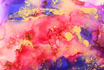 Fototapeta na wymiar art photography of abstract fluid art painting with alcohol ink, blue, red and gold colors