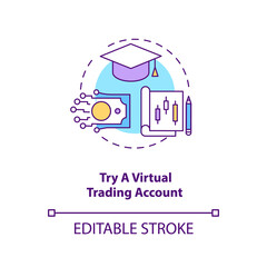 Trying virtual trading account concept icon. Simulated investing idea thin line illustration. Purchasing, selling trades without money risk. Vector isolated outline RGB color drawing. Editable stroke