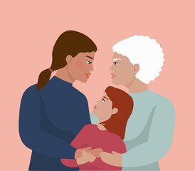 Obraz premium Three women of different ages and hair colors embrace each other. Grandmother, mother, daughter and granddaughter of the same family. The concept of happiness, care, and love. Vector graphics.