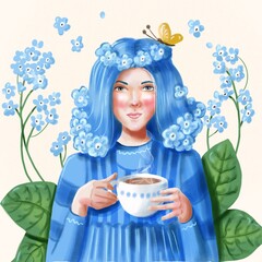 Humanization of forget-me-not flower, blue flower, character design. The girl is drinking tea. For postcards, invitations, packaging. 