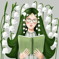 Humanization of lily of the valley flower, white flowers, character design. The girl is reading a book. For postcards, invitations, packaging. 