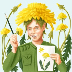 Dandelion flowers humanization, yellow flowers, character design. A man holds a drawing and a pencil in his hand.  For postcards, invitations, packaging. 