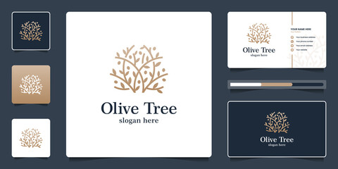 Golden olive tree logo design and business card template