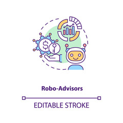 Robo-advisors concept icon. Broker type idea thin line illustration. Human supervision absence. Automated financial planning tools. Vector isolated outline RGB color drawing. Editable stroke