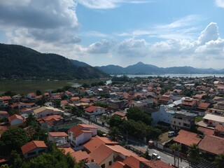 Naklejka na ściany i meble Aerial view of the Piratininga lagoon in Niterói, Rio de Janeiro. Sunny day. Drone photo