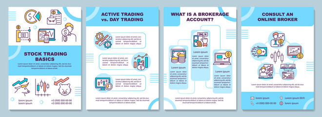 Stock trading basics brochure template. Active trading. Flyer, booklet, leaflet print, cover design with linear icons. Vector layouts for presentation, annual reports, advertisement pages