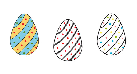 set of decorated colorful spots, polka dots, circles and diagonal, lines painted Easter eggs