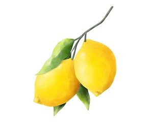 Watercolor lemon with leaves isolated on white background 