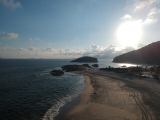 Aerial view of Piratininga Beach in Niterói, Rio de Janeiro. Sunny late afternoon. Photo of drone at sunset