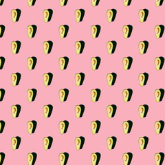 Avocado pattern on a pink background. View from above. Banner. Pop art design, creative summer food concept. flat style.