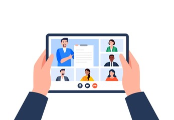 A group of students study online. Using a digital tablet for education during an epidemic. Vector flat illustration.