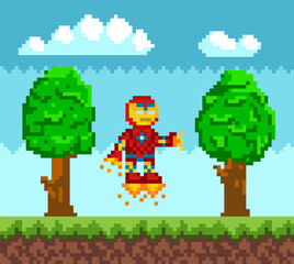 Flying iron man, robot in red metal suit with armor. Bot in jet boots with fire vector illustration