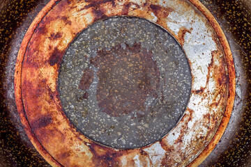 frying pan bottom view of the burnt greasy surface of the coating of utensils for cooking on a fire close-up.