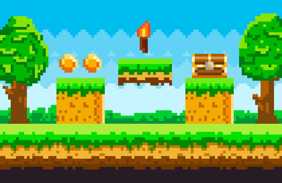 Pixel-game background with coins in sky. Pixel art game scene with green grass platform and chest