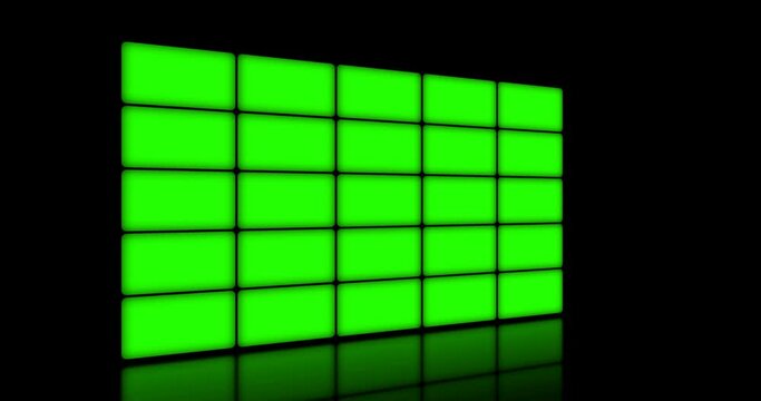 multi screen display with chroma key green screen, on black background
