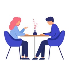 The girl and the guy are sitting at the table. The woman and the man communicate. Characters in cartoon style.