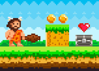 Pixelated natural landscape with caveman standing on green meadow near platform with coins