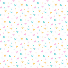 Simless pattern with festive colorful confetti and hearts. It can be used for packaging, wrapping paper, decor etc. Vector illustration on a white background.