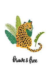 Poster template with leopard and exotic tropical plants, with hand-drawn phrase: Brave and free. Beautiful animal print design for home decor. Modern vector illustration. © viairevi