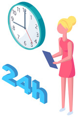 Work 24 hours day. Girl with clipboard looking at clock. Female character is working for all day