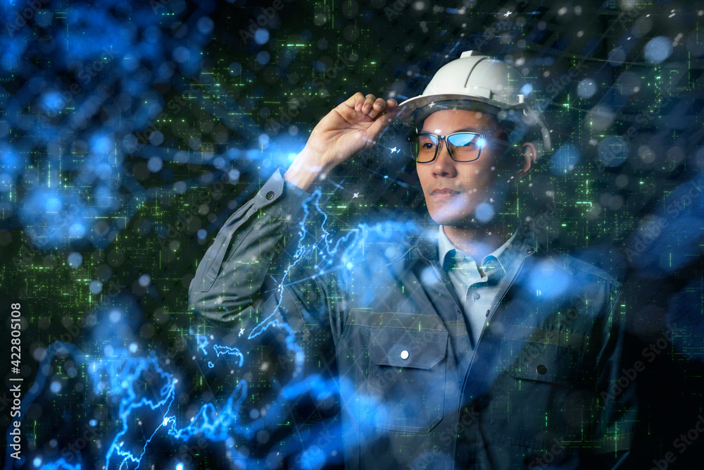 Wall mural engineer in factory futuristic cloud data cyber space background, artificial intelligence and digita