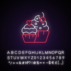 Muffins neon light icon. Cupcakes with icing and sprinkles. Desserts for wedding reception. Outer glowing effect. Sign with alphabet, numbers and symbols. Vector isolated RGB color illustration