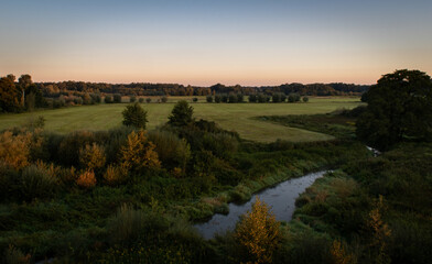 Fluss in Landschaft (River Landscape, Sunset), Nebel, Sonnenaufgang