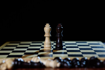 Black and white chess kings on the chessboard .