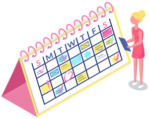 Girl with clipboard is looking at schedule or timetable. Business planning and scheduling concept