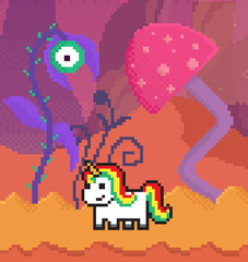 Unicorn walks along orange pixel alien street with flames. Space flowers for game interface