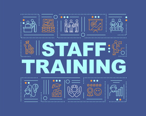 Staff training word concepts banner. Giving employees important data to work. Infographics with linear icons on navy background. Isolated typography. Vector outline RGB color illustration