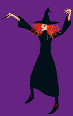red-haired witch in black dress puts spells