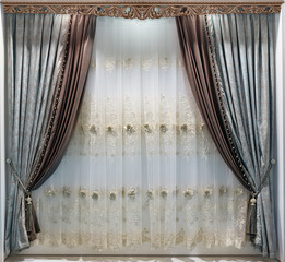 Classic curtains and tulle with floral appliques. Palace style in the luxurious design of window...
