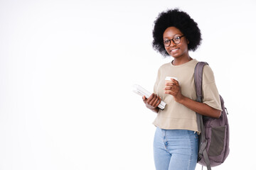 Smart african-american student holding a cup of coffee isolated over white background - Powered by Adobe