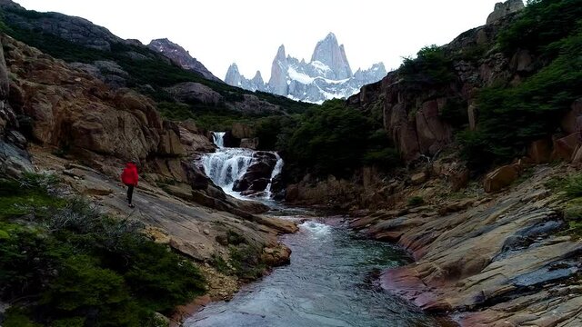 Aerial - Trekking in Mount Fitz Roy, Patagonia, Argentina, wide shot forward