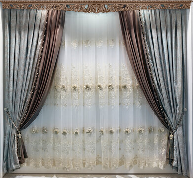 Classic curtains and tulle with floral appliques. Palace style in the luxurious design of window and doorways.