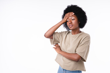 Tired exhausted african girl isolated over white background
