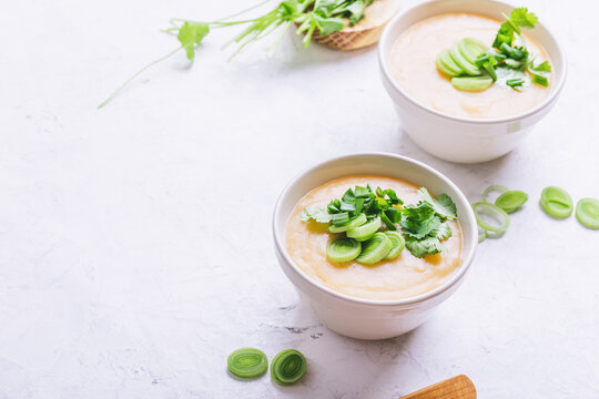 Vegetable leek soup, healthy vegan meal