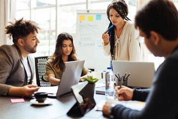 Business team meeting in the office. Woman presenting project to colleagues